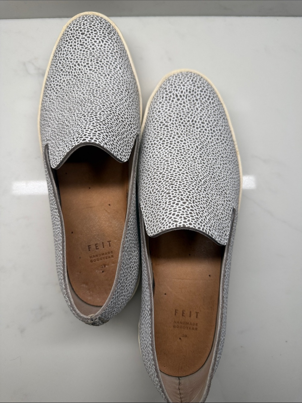 FEIT Handmade White and Grey Speckled Slip-On Loafers - Picture 2 of 8